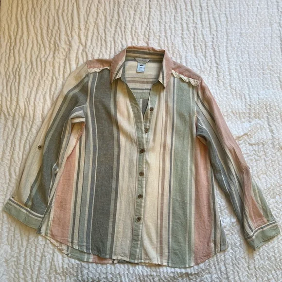 Multiples- Linen Blend Striped Button Down Shirt- Small - Picture 9 of 9